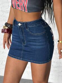 StreetHx Women's Union Jack Pattern Pocket Casual Bodycon Denim Mini Skirt - Blue - View 3