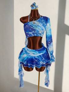 Amplova Women's Fashion Sexy Tie-Dye Print Rhinestone Asymmetric Super Short Halter Top & Mini Skirt 3-Piece Set - Blue - View 14