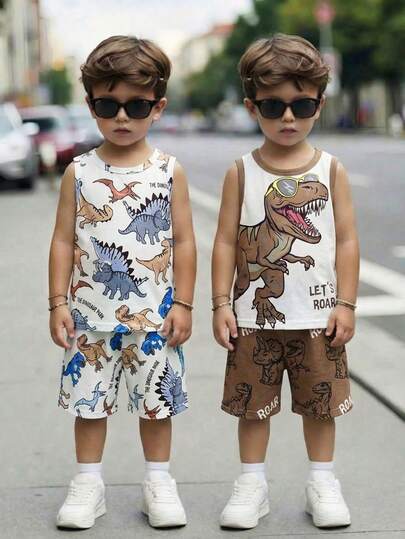 Bubblio 4pcs Baby Boy Cute Casual Dinosaur Graphic Knit Sleeveless Top And Elastic Waist Shorts Set, Suitable For Birthday Party, Evening Party, Performance, Wedding, Baby Shower, And 1st Birthday Celebration