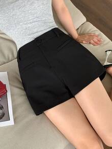 DAZY Pantalones cortos de mujer de negocios casuales negros, diseño minimalista con bolsillos, adecuados para la oficina y el transporte en primavera y verano - Negro - Ver 8