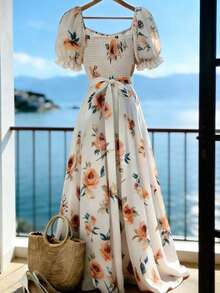 GlowEve Women's Woven Printed Summer Long Dress For Vacation - Apricot - View 2