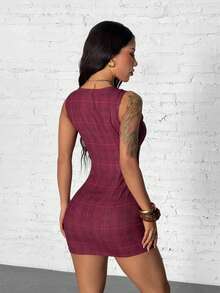 SHEIN HypeZone 女士休闲红色格子修身吊带连衣裙 - 紅色 - 查看 2