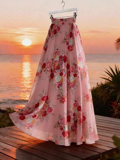 GlowEve Women's Floral Print A-Line Skirt, Charming For Vacation, Daily, Elegant Commute, Fashion Date, French Street Style, Retro Versatile, Spring/Summer, Pink Floral New Design Long Skirt