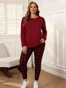 Rosumi Bộ áo phông đen và quần legging kẻ caro cỡ lớn cho mùa đông dành cho nữ - Đỏ - Xem 1
