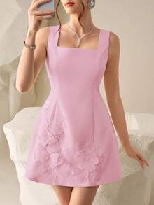 Modelyn Vestido de cóctel sexy de longitud corta con decoración floral 3D y lazo en la cintura, color amarillo pálido, para citas y fiestas - Rosa Pálido - Ver 5