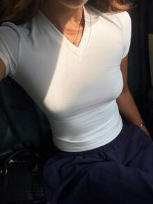 DAZY 白色纯色圆领修身短袖T恤，女士Y2K夏季款 - 白色 - 查看 3