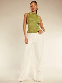 Silquee Summer Olive Green Elegant Tropical Beaded Knitted Women's Pleated Fitted Casual Everyday Vacation Brunch Vest - Green - View 3