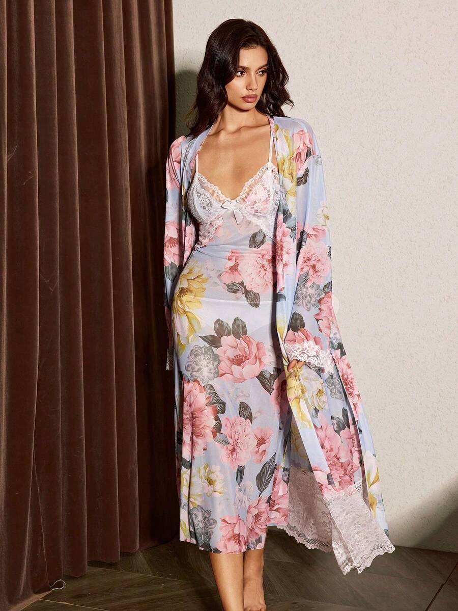 Slumberist Sleeveless Long Nightgown Robe Mesh Lace Lingerie Set - Multicolor - View 1