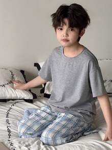 DAZY Tween Boy Solid Color Short Sleeve Top And Plaid Pants Pajama Set Summer - Grey - View 5