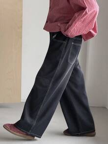 DAZY Quần jeans ống đứng dáng rộng cho bé trai tuổi teen, phong cách đường phố thường ngày cho mùa thu. - Rửa tối - Xem 7