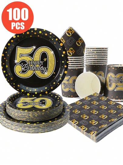 黑色背景50周年金色圆点“生日快乐”一次性餐盘、餐巾纸和纸杯，生日主题派对用品，适合25位客人。一次性纸盘和派对餐具，适用于生日、婚礼、派对和家庭野餐。