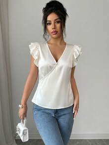 Elenzga 女士休闲V领白色衬衫，交叉设计，荷叶边袖口，收腰设计，精致优雅，适合约会、下午茶、休闲外出等场合。 - 杏色 - 查看 4