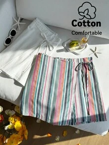 SHEIN EZwear 彩色条纹和纯色亚麻系带休闲宽松加大码短裙两件套，春夏女装棉质服装，条纹半身裙，沙滩裙 - 彩色 - 查看 3