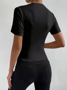 SHEIN ChicEase 女士纯色褶皱休闲短袖T恤 - 黑色 - 查看 2