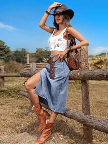 Breezaya Falda vaquera casual y versátil para uso diario con bolsillos y diseño de abertura con botones en la parte delantera - Azul lavado medio - Ver 3