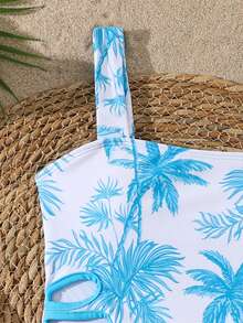 Tween Girl Coconut Tree Print Hollow Out Tankini And Triangle Panty Swimsuit Set - Blue - View 4