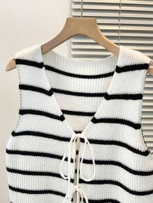INAWLY Women's Striped Tie Front Casual Pullover Knit Top, Versatile For Daily Wear - White - View 3