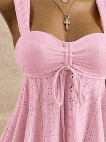 Bellisia 26SS 春夏沙滩度假纯色提花刺绣吊带泳衣套装 - 粉色 - 查看 5