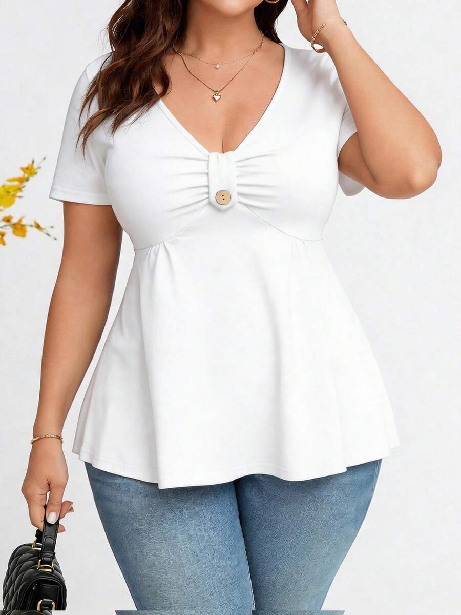 Rometta Plus Size Women V-Neck Short Sleeve Pleated Casual T-Shirt - White - View 1
