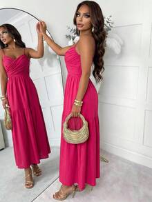 Slaydiva New Early Spring, Spring And Summer Music Festival, Valentine's Day, Easter, Bohemian Style, Nomadic Style, Casual, Simple And Basic, Cruise Party, Birthday Party, Daily Date, Casual Vacation, Elegant Commuting, Halter, Cross Front Piece Design, Cake Skirt, Long Skirt A, Beach Skirt, Rose Red Dress, Long Dress For Women -A - Hot Pink - View 2