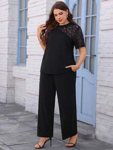 Miaspire Plus Size Elegant Casual Commuter Solid Color Lace Patchwork Top And Pants 2 Pieces Set, Summer Formal Black - Black - View 6