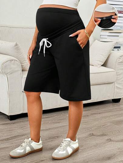 SHEIN 孕妇纯色抽绳腰带可调节腰围休闲口袋短裤