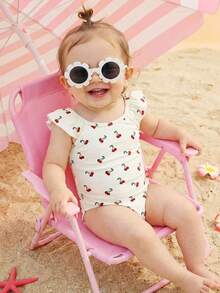 SHEIN Baby Girls Casual Minimalist Cream White Cute Cherry Pattern Fitted Camisole Cap Sleeve Romper Swimsuit, Suitable For Summer - Multicolor - View 6