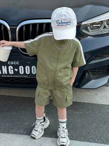 男童三件套：立领开衫、短袖上衣和短裤，休闲套装，适合通勤、上学、日常穿着、运动和夏季穿着。 - 軍綠色 - 查看 6