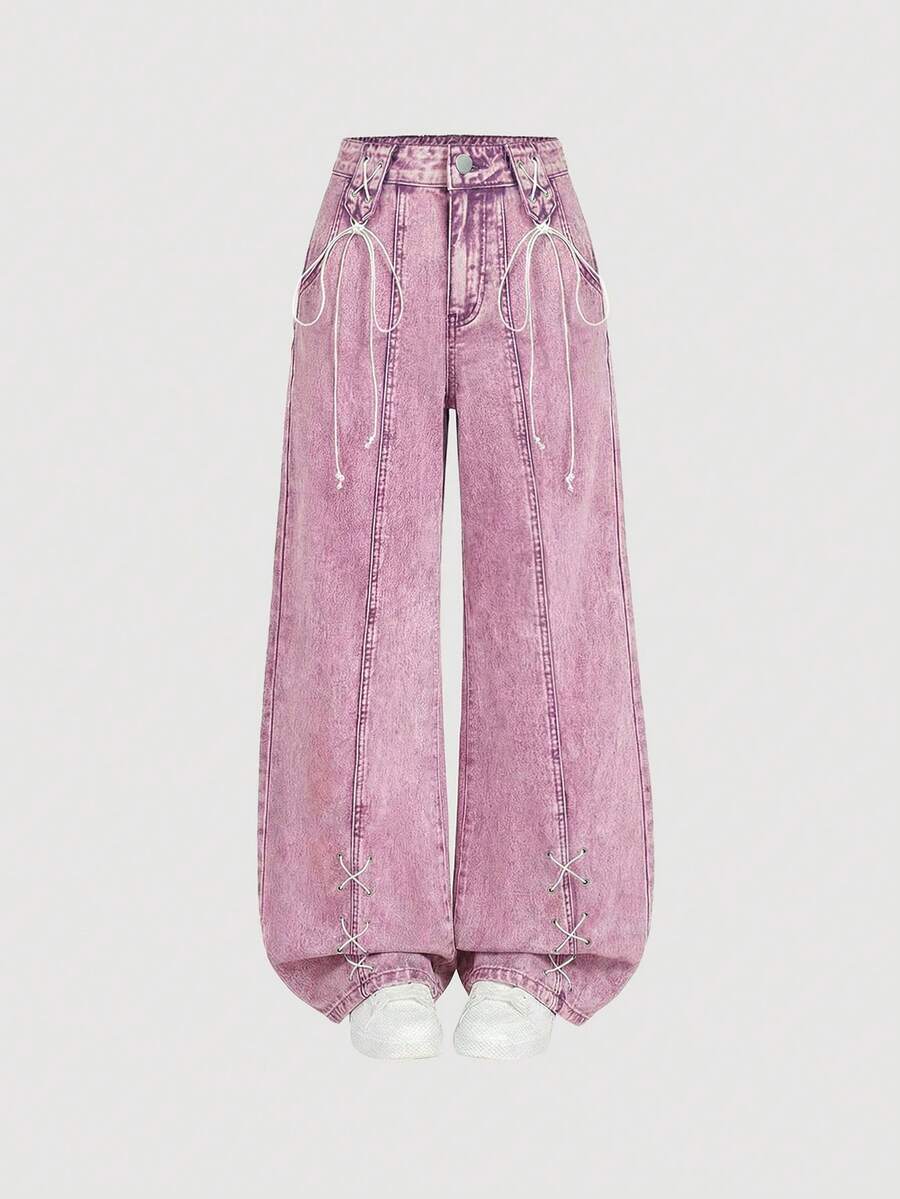 SHEIN MOD Women's Pocket Button Casual Versatile Daily Wear Wide Leg Jeans - Purple - View 1