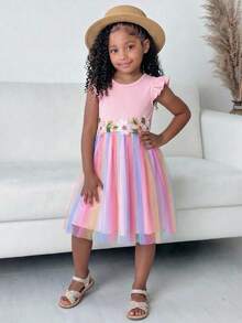 SHEIN Pink Summer Fairy Birthday Holiday Young Girl Knit Round Neck Gradient Mesh Casual Dress,Easter Rainbow Kids 3D Floral Embroidered Tutu Party Dresses - Pink - View 3