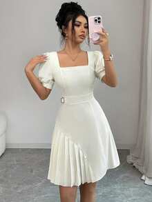 Elenzga Women's Spring/Summer New Arrival Elegant Chic Minimalist Dress, Suitable For Commute, Date, Afternoon Tea, Shallow Peach Petal Sleeve Cinched Waist Pleated A-Line Mini Dress - Apricot - View 7