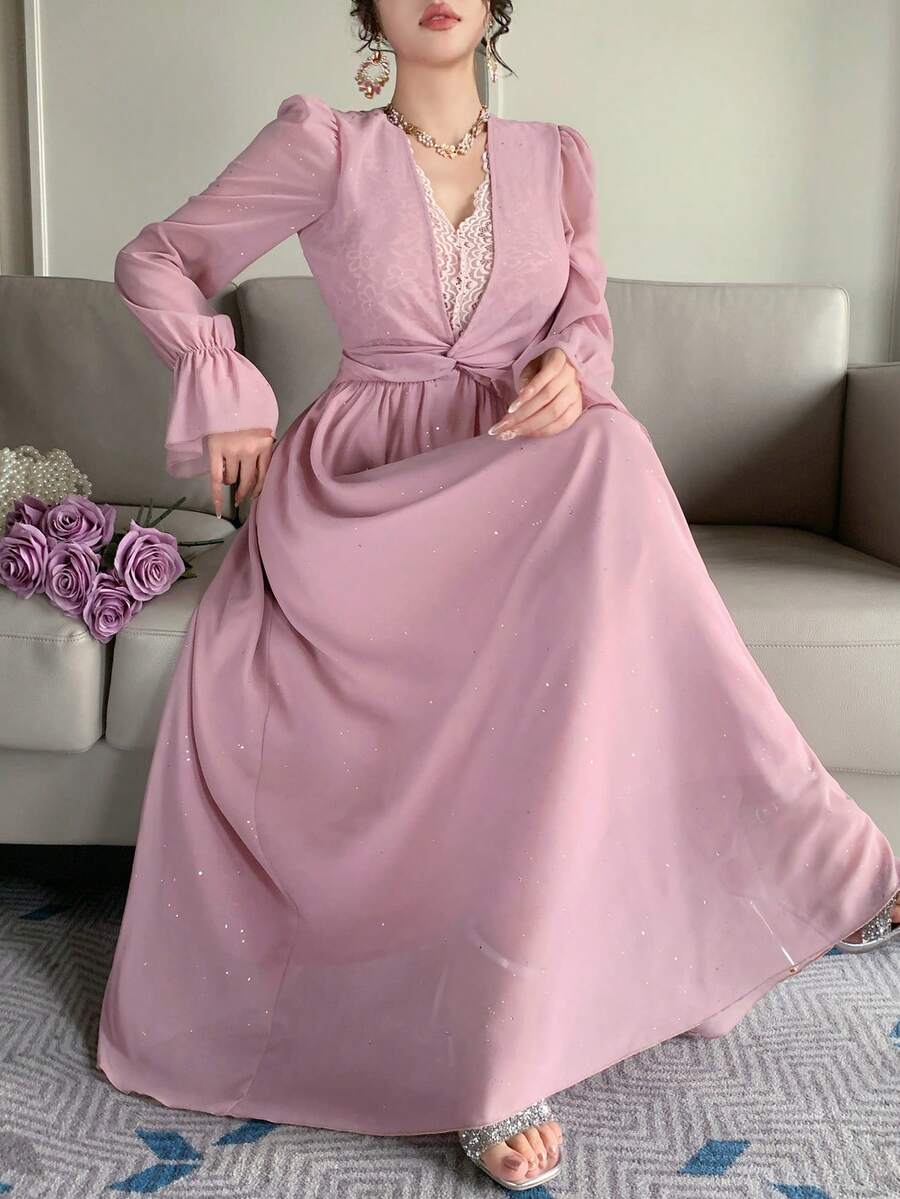 DAZY 女士V领亮片网纱面料收腰长袖优雅连衣裙 - 粉色 - 查看 1