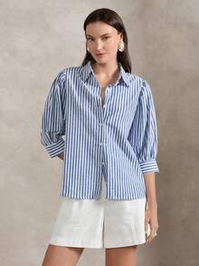 Briarwyn 女士条纹翻领单排扣休闲百搭日常衬衫 - 藍色 - 查看 4