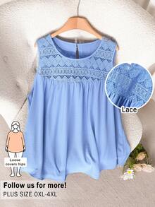 CosyJoli Damen Große Größen einfarbiges Spitze Patchwork Trägerhemd - Blau - Übersicht 1
