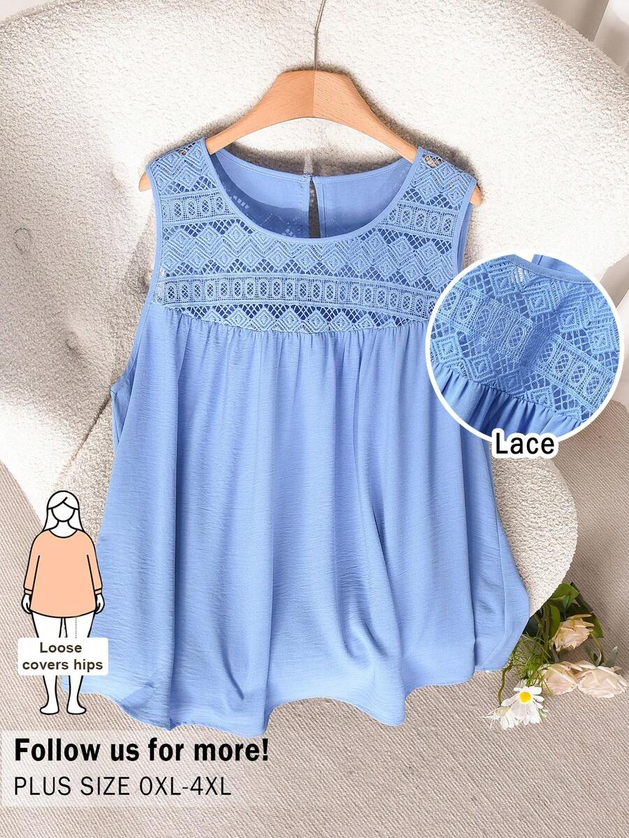 CosyJoli Damen Große Größen einfarbiges Spitze Patchwork Trägerhemd - Blau - Übersicht 1