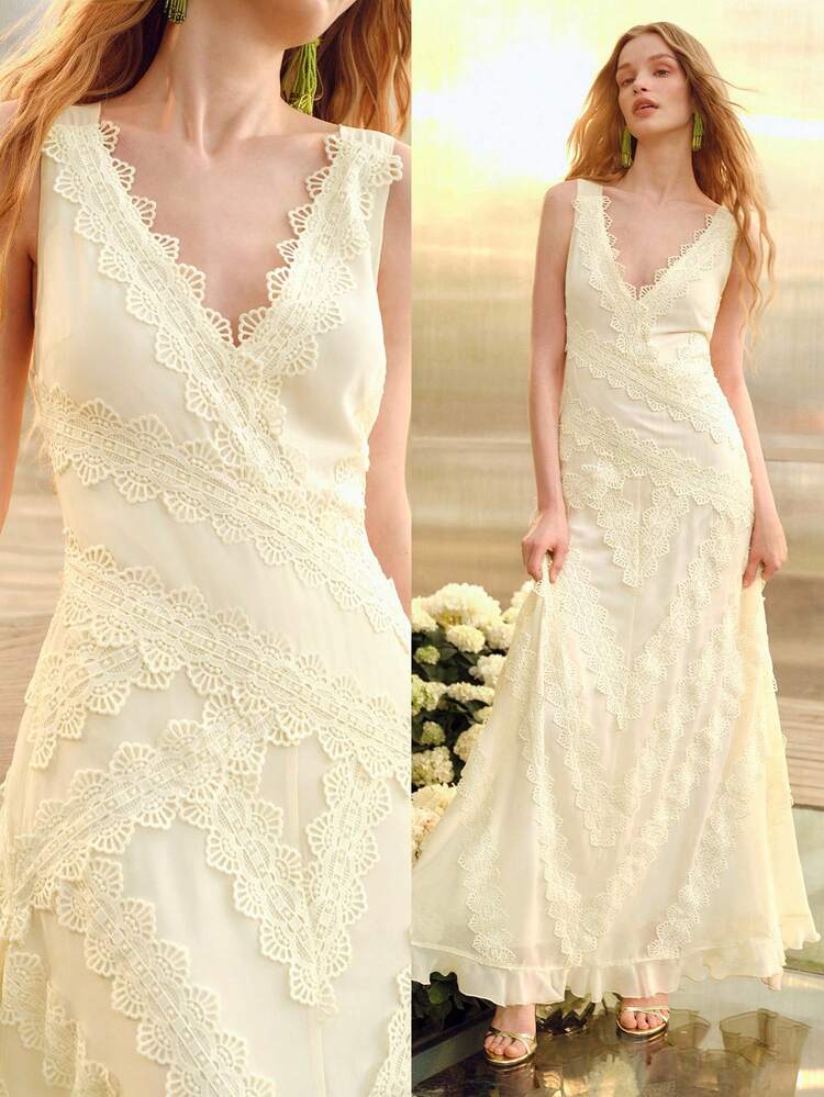 Damen Spitze Taille Rüschen Saum Kleid, Frühling/Sommer