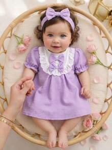 SHEIN Newborn Baby Pink Dress & Bow Headband Set, Cute Princess Style - Mauve Purple - View 1