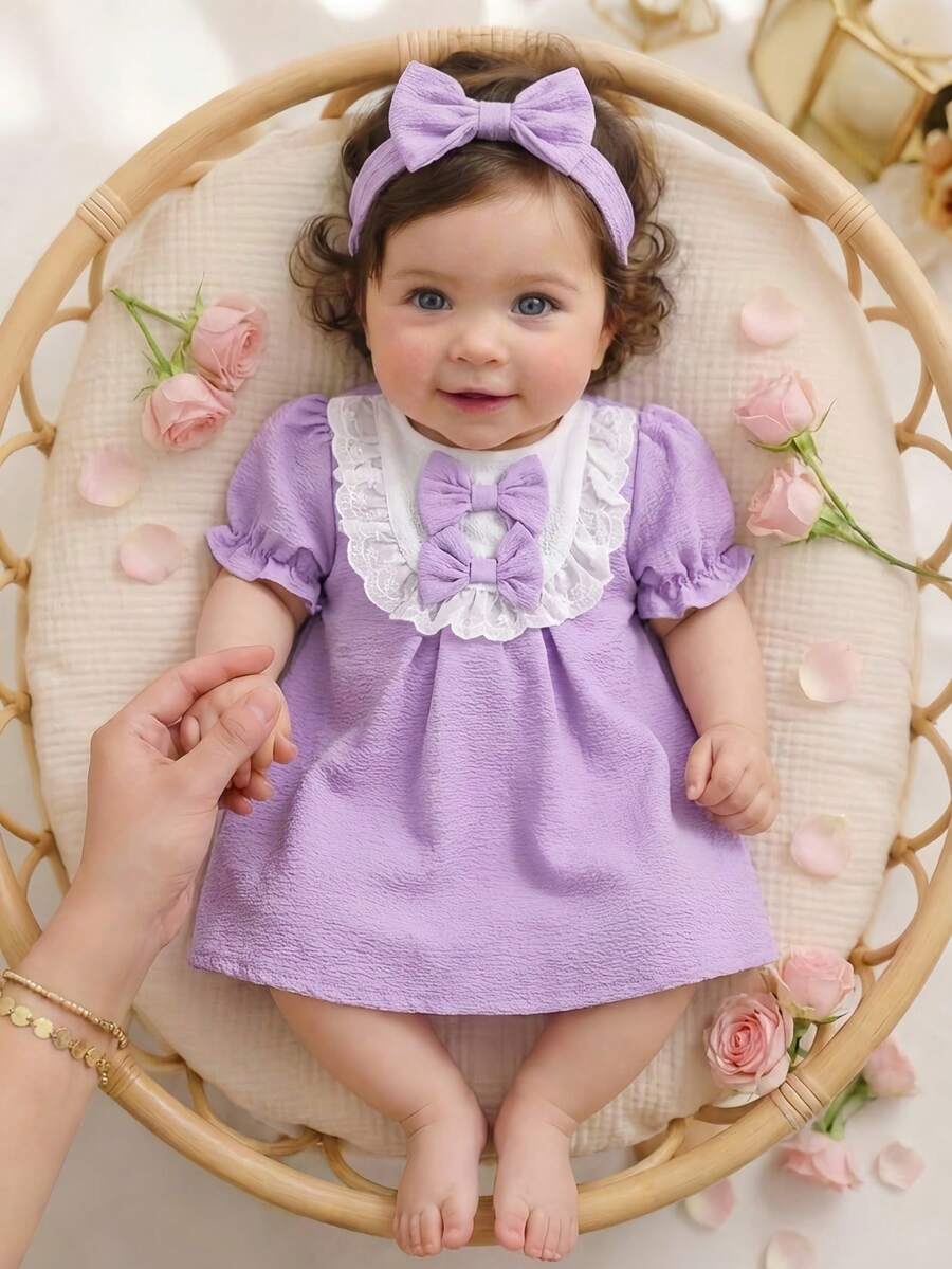SHEIN Newborn Baby Pink Dress & Bow Headband Set, Cute Princess Style - Mauve Purple - View 1
