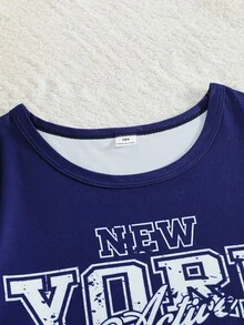 SHEIN 两件套男童碎花拼接灰色短袖上衣和黑色足球短裤睡衣套装 - 寶藍色 - 查看 4