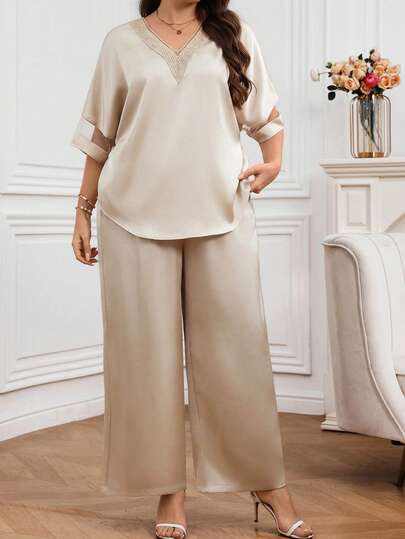 EMERY ROSE Conjunto de pantalones de unicolor con adorno de encaje en cuello en V para mujer