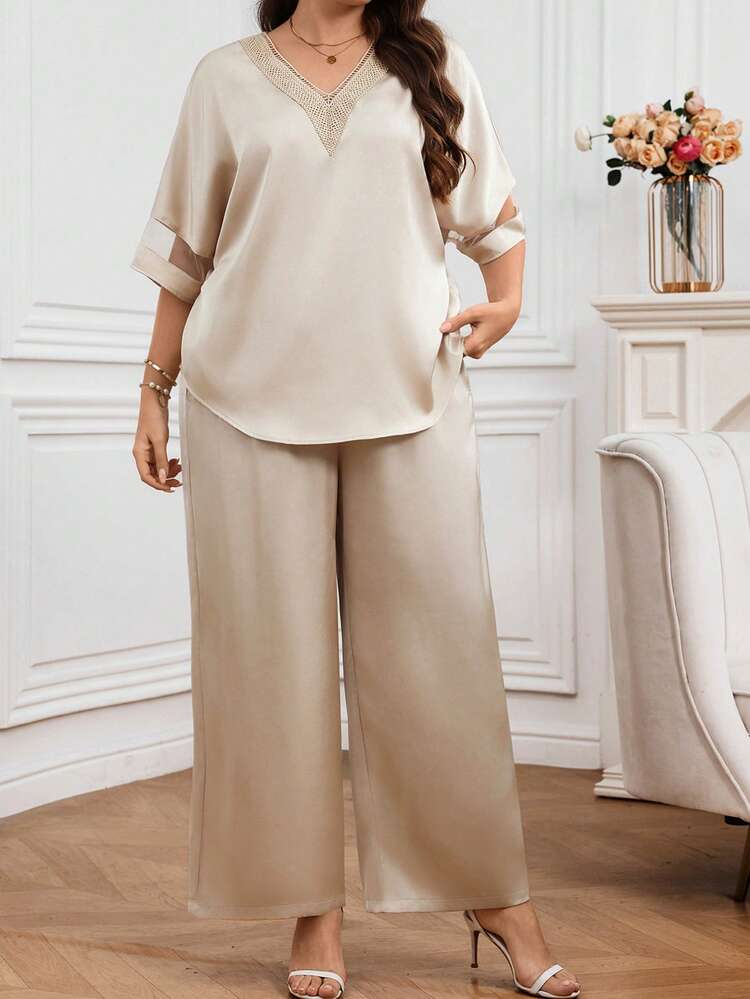Women's V-Neck Lace Trim Solid Color Pants Set,Summer Outfit For Women,Elegant Women's Set,Weddings & Events,Going Out Outfits,Luxury Women's Two-Piece Set,Summer Outfits,Spring Outfit,Festival Outfits For Women ,Party Outfit,Elegant Women's Set,Formal Attire For Women, Going Out Outfits Beige Two Pieces Set Blouse And Pants Set 2 Pieces Casual Sets Woman Plus Size Pants Suit Two Pieces Suits,Work Outfits For Women Plus Size Pants Set 2 Pieces Sets Woman Elegant Plus Size Pants Suit For Women Lounge Wear Women Set Women 2 Pieces Outfit Women Outfits Sets Women's Pant Suit