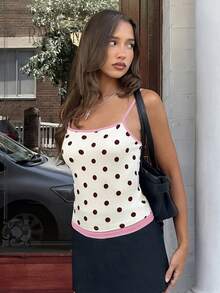 SHEIN MainGRL 2026 Summer New Women's Casual Beach Vacation Style Polka Dot Print Color Block Trim Slim Fit Camisole, New Preppy Style Playful Beige And Brown Polka Dot Camisole, Color Block Pink Trim Square Neck Thin Strap Slim Fit Women's Top, Suitable For Everyday Street Style And Casual Date Outfits, Cute Retro Sleeveless Camisole,Summer Top - Multicolor - View 5