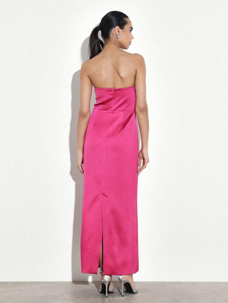 KSTM Women's Strapless Hot Pink Maxi Dress With Bow Detail Formal Evening Wedding Guest Column Dress Sleek Satin Finish