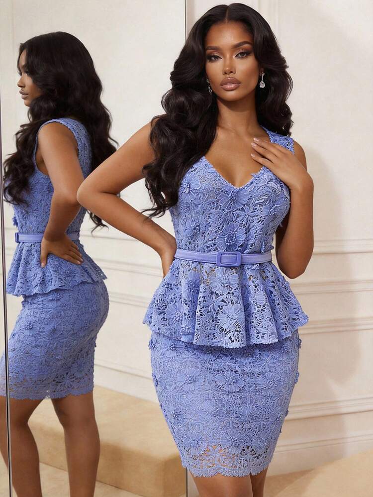 Women's 2-Piece Set, Elegant Lace Embroidered V-Neck Top And Slit Hem Skirt, Suitable For Parties And Gatherings