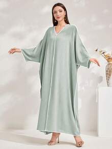 Al Najma Đầm maxi Thổ Nhĩ Kỳ dáng rộng cổ chữ V tay cánh dơi dành cho nữ - Màu xanh Bạc hà - Xem 5