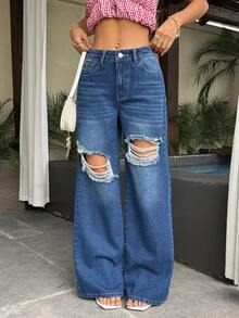 SHEIN PETITE 女士休闲水洗做旧直筒牛仔裤 - 深色水洗藍 - 查看 1