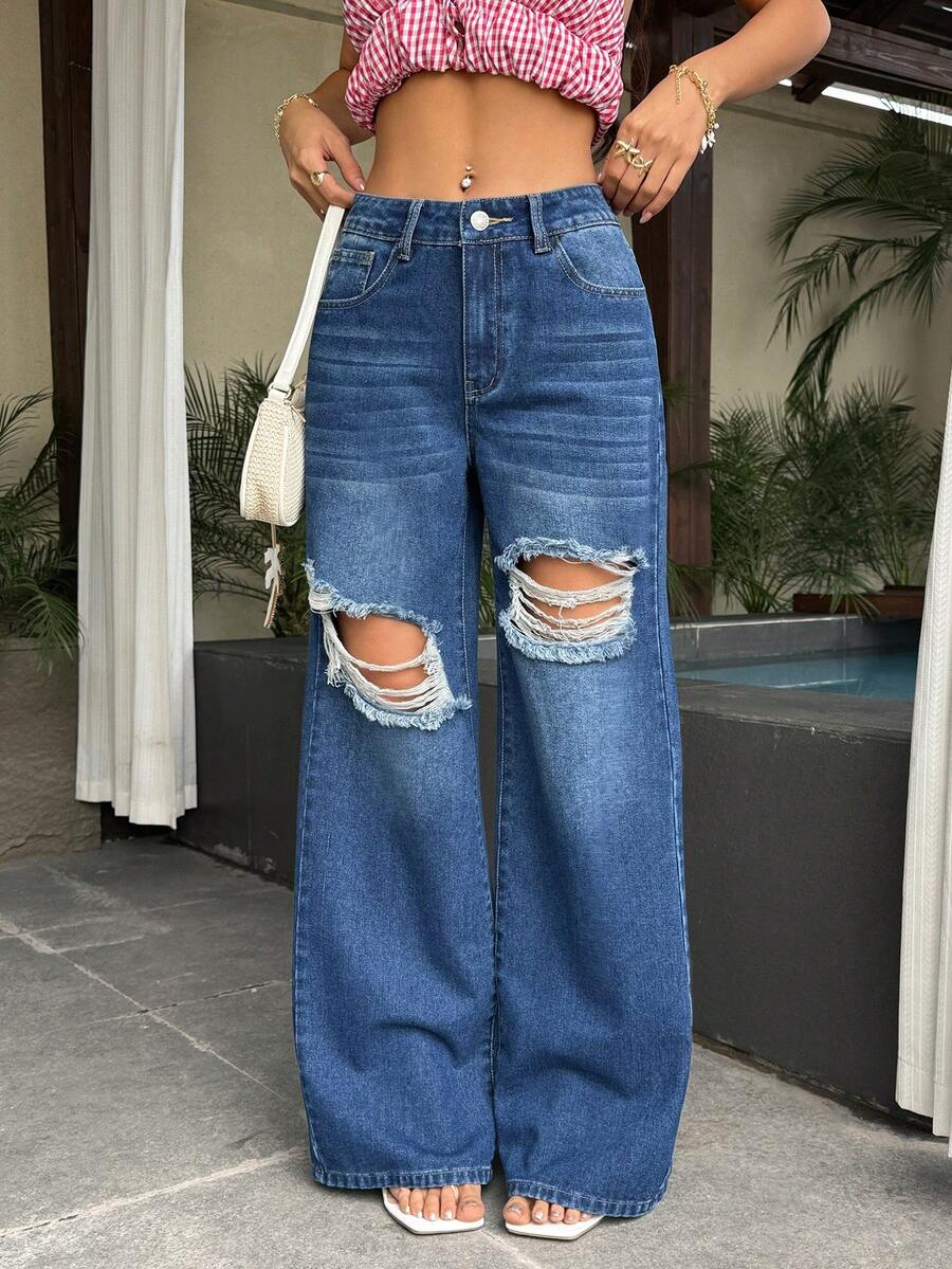 SHEIN PETITE 女士休闲水洗做旧直筒牛仔裤 - 深色水洗藍 - 查看 1