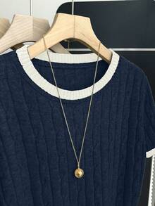 Franclia New Arrival Casual Loose Korean Style Round Neck Cable Knit Contrast Color Pullover Sweater For Women, Autumn/Spring - Royal Blue - View 3