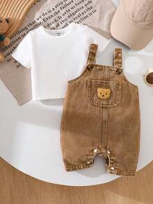 SHEIN Playful Pals Newborn Baby Summer Casual Bear Embroidery Pocket Romper - Coffee Brown - View 3