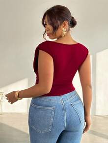 Firerie 女士优雅浪漫约会之夜套装 - 酒红色针织网纱长袖圆领修身上衣，适合优雅约会、日常休闲穿着、派对和度假。 - 紅色 - 查看 2